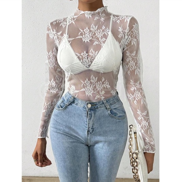 White Lace Sheer Floral Long Sleeve Top Shirt - Picture 2 of 8